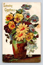 Antique Birthday Postcard Embossed Large Vase With Flowers Floral Posted 1912 picture