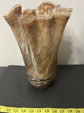 STUNNING Jozefina Iridescent Art Glass Handkerchief Vase Spun Ribbon Brown Gold picture