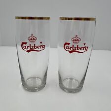 Pair Of Vintage 1960's Carlsberg beer red crown Logo gold rimmed Pilsner glass picture