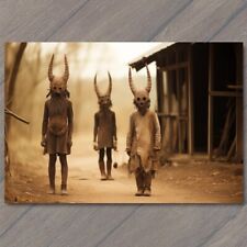 POSTCARD Horn Mask Family Town Life Weird Creepy Vibe Cult Strange Unusual picture