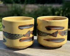 Japanese Yunomi Tea Cup Set of 2/ Swimming Fish Hand Painted Stoneware Pottery picture