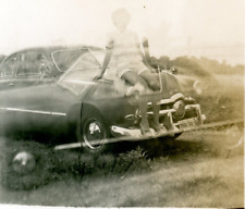 Old Photo Double Exposure Woman on Car 1940s Vintage Original picture