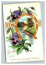 Vintage 1907 Tuck's Birthday Postcard Gold Horseshoe Purple Flowers picture
