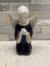 VTG Blue Gold White Porcelain Angel Holding a Dove Figurine Wings Trimmed Gold picture