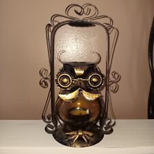 Vintage Metal Filigree and  Amber  Glass Owl Fairy Light Tea Light Lantern picture