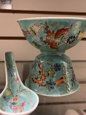 3 Pc Tea Bowl + Rice Bowl Spoon  Famille Verte Rose Turquoise Chinese Butterfly picture