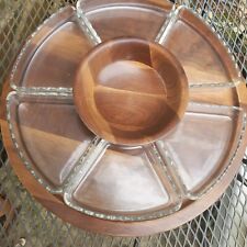 Vintage MCM Ozark  Walnut  Lazy Susan w/ scalloped edge glass  serving dishes  picture