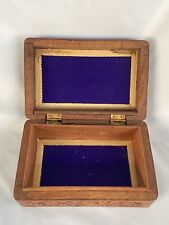 Vintage Hand Carved Folk Art Wooden Box Inlaid Flowers Blue Felt Lining Hinged picture