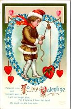 Valentine Boy Heart Pulley Fur A/S Ellen Clapsaddle Emboss c1910s postcard H416 picture