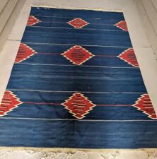 Vintage Zapotec Rug Hand Woven Oaxaca Mexican Dark Blue & Red Large Unique 1990 picture