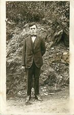 RPPC Man in Three Piece Suit Bow Tie in Park or Rural Area Postcard picture