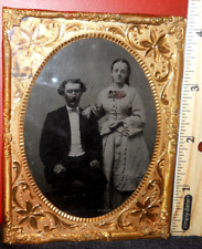 Quarter plate size Tintype of young couple in brass mat/frame picture