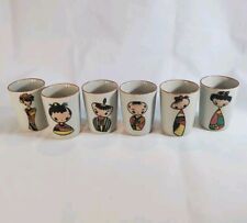 PCDG Sake Tea Cups Set of 6 Kokeshi Doll Design Porcelain Japan MCM Boxed picture