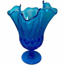 Vintage Fenton Blue Thumbprint Handkerchief Vase 1960s MCM picture