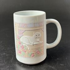 Vtg Otagiri Stoneware White Cat In A Window Tall Coffee Mug Pink Flowers Japan picture