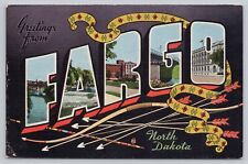 Fargo North Dakota, Large Letter Greetings, Peace Pipe Bow Arrows, VTG Postcard picture