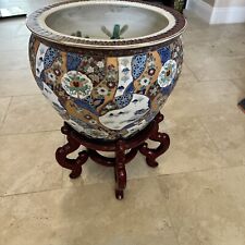 14” Chinese Jardinière Porcelain Koi Fishbowl Planter Blue/White/Red/Gold Gilded picture