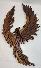Handmade Intarsia Phoenix Wood Carving Wall Plaques Wooden Inlay 22” Set Of 2 picture