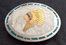 Vintage Golden Native American Indian Chief Johnson Held Western Belt Buckle picture