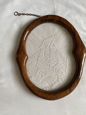 Vintage Lace Windmill Water Scene Panel Carved Wood Frame Wall Hanging Art picture