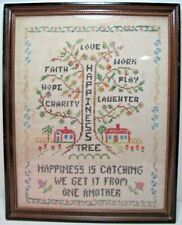 Old Folk Art Happiness Tree Sampler Love Faith Hope Charity Work Play Laughter picture
