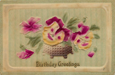 Vintage Birthday Greetings Embossed Floral One Sided Postcard picture