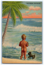 c1940's Kid Naked Dog,Wavy Beach Tree Southern Exposure Florida Antique Postcard picture