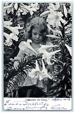 1908 Little Girl Consider The Lilies Flowers Sidnaw Michigan MI Antique Postcard picture