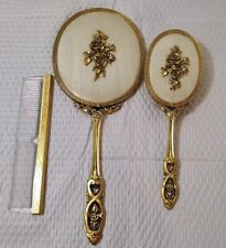 Vintage Matson Vanity Brush Mirror Comb Set Gold Tone Rose Floral Collectibles picture