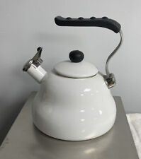 Farberware Whistling Teakettle Teapot White Enamel-on-Steel Stylish Handle picture