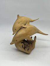 Unique Hand Carved 2 Dolphins On Parasite Wood w/Base Figurine Carving picture