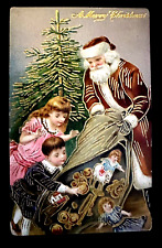 Santa Claus~Pours Sack Full of Toys~As Children Watch~Christmas Postcard~k339 picture