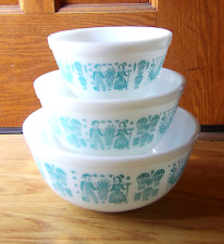 Pyrex 401 402 403 Amish Butterprint Turquoise on White Nesting Mixing Bowls EUC picture