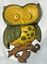 Vintage 1970 Sexton Owl Cast Aluminum Wall Art Hanging Decor Green Yellow Brown picture
