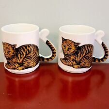 Pair of Cat Mugs Tiger Stripe /  Tabby / Calico - Flat Tail Handle - Japan picture
