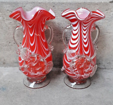 2 PCS VINTAGE RED FLOWER GLASS VASE ENAMEL PAINTED RARE COLLECTIBLE. picture