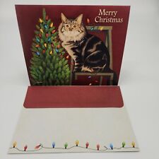 1 LANG Linen Green Foil Cat STRINGING LIGHTS Christmas Card Env+Stamp L. Herrero picture