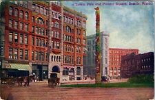1907-1917 Post Card Seattle Washington Totem Pole Pioneer Square Horse & Wagon picture