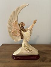 Vintage Kneeling Angel Carved Resin Figurine Wood Base Floral 9.5”T picture