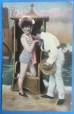 Vintage Postcard Bathing Beauty Beach Striped Swimsuit Man Kissing Hand c1910 picture