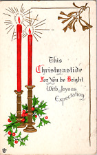 Vintage C. 1915 This Christmastide Joyous Greeting Postcard Red Candles Holly picture