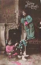 RPPC Hand Tinted Christmas Girls Dolls Toys Rocking Horse Mantle Clock Postcard picture