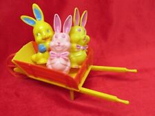Vintage Irwin Hard Plastic Wheel Barrow Candy Dish & 3 Bunny Rabbits Rattle. picture