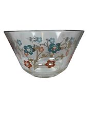 Fred Press MCM Large Clear Glass Serving Bowl Teal Orange Flowers Gold Floral picture