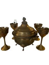 Vintage Brass Etched India Footed Ice Bucket Handles, Lid Acorn Finial 4 Goblets picture