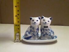 Vintage Andrea By Sadek Porcelain Cats Blue & White Salt/Pepper Shakers w/ Tray picture