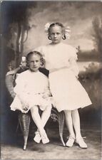 Vintage 1910 Studio Real Photo RPPC Postcard Two Girls Sisters in White Dresses picture
