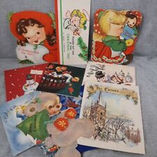 1950s Christmas Card Lot Used, Little Girls, Snowman, Flocked, Angel, Money Card picture