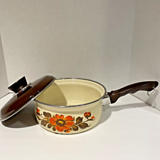 Vintage 1970's Enamelware Moneta #18 Sauce Pot w Lid 4 Quart Italy Floral MOD picture