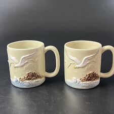 2 Vtg Otagiri Coffee Cup Ceramic Mug Seagull Nautical Embossed Ocean Japan Set picture